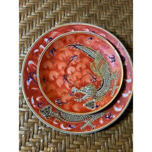 Antique Moriage Dragonware Collectible Orange Plate Japan Set Of 2